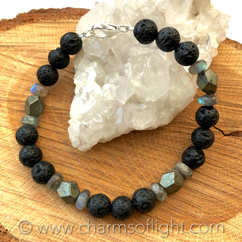 Men's Lava Stone, Labradorite, Pyrite Bracelet